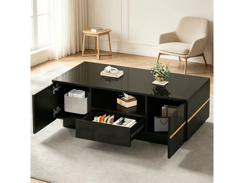  Table basse avec 2 portes, 1 tiroir et niche ouverte, noire avec accents dorés, en mdf, 100 × 50 × 35,5 cm  - Conforama B