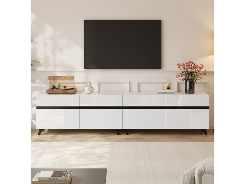  Meuble tv blanc brillant de 180 cm avec quatre placards, rangement modulable et huit pieds, pour téléviseur jusqu’à 80 pouces  - Conforama B