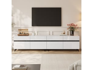 Meuble tv blanc brillant de 180 cm avec quatre placards, rangement modulable et huit pieds, pour téléviseur jusqu’à 80 pouces
