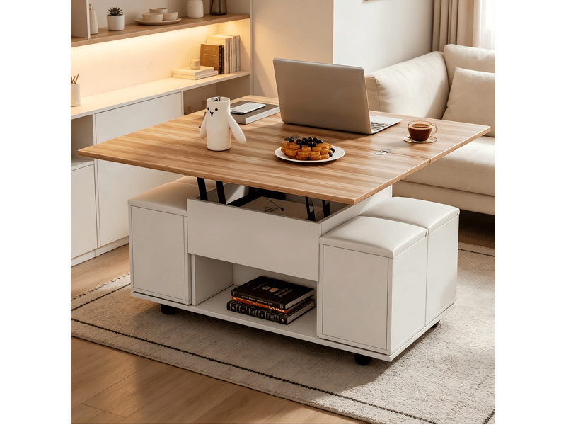 Table basse relevable multifonction blanche et bois, transformable en table à manger avec 4 poufs et rangement, 100x100x63.5cm - Conforama B
