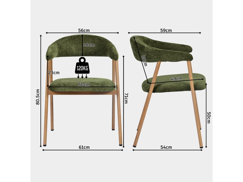  Chaises de salle à manger lot de 4 rembourrée en chenille, pieds en métal effet bois, vert  - Conforama D