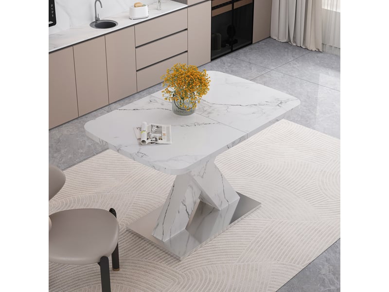  Table à manger extensible rectangulaire, plateau effet marbre blanc, piètement en x en mdf et acier, 120 à 160 × 80 × 76,5 cm  - Conforama B