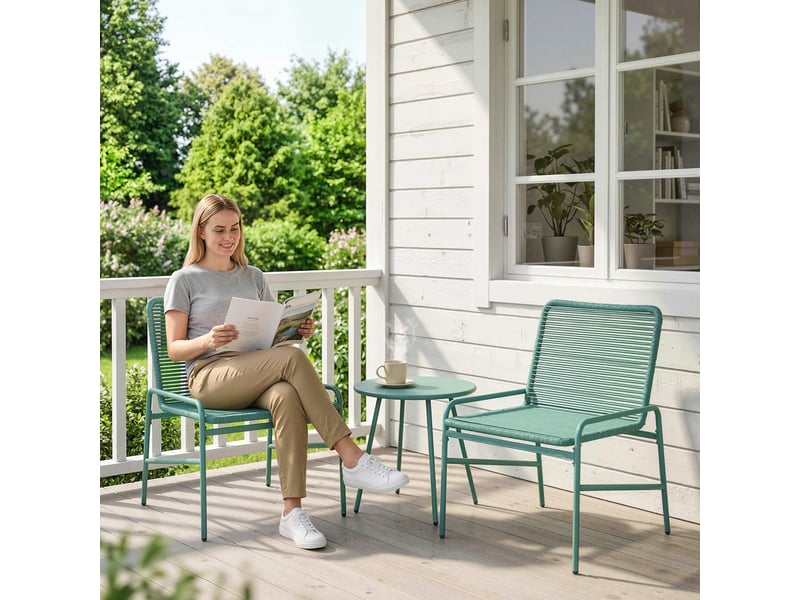 Salon de jardin extérieur 3 pcs en résine tressée et acier, table ronde avec 2 chaises, vert - Conforama C