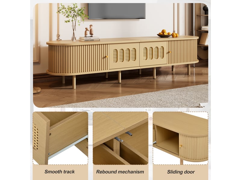  Meuble tv 180 cm rotin bois clair - portes coulissantes mdf - pour tv 75 pouces  - Conforama R