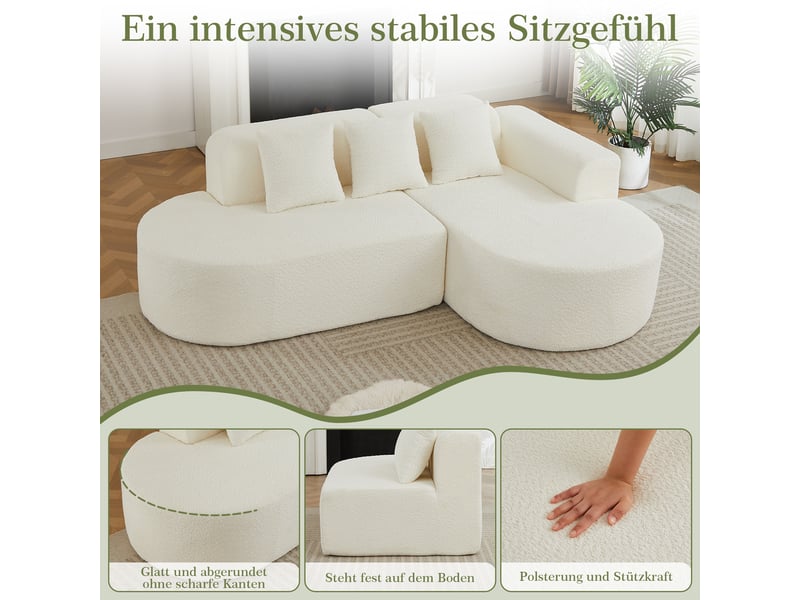 Canapé d’angle droit 3 places 222x157 cm - méridienne droite, design arrondi wabi-sabi, coussins inclus, revêtement chenille beige  - Conforama D