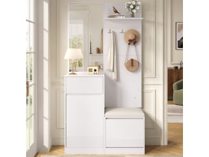 Vestiaire d'entrée - 105x38x190cm - ensemble meuble d'entrée avec éclairage led app, miroir, banc & meuble chaussures - blanc
