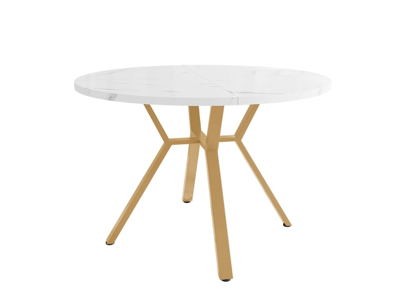  Ensemble table ronde et 4 chaises, plateau en mdf effet marbre blanc, piètement doré et sièges ergonomiques en velours vert  - Conforama E