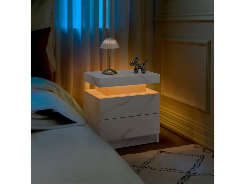  Table de chevet led blanc pierre, 2 tiroirs, design moderne  - Conforama E