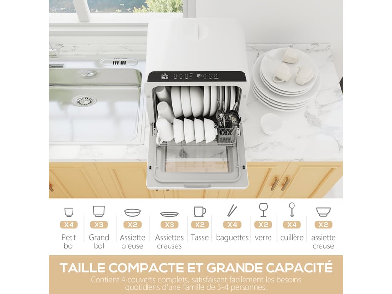  Mini lave-vaisselle compact 4 couverts, lave-vaisselle de table, 6 programmes, commandes tactiles, blanc, réservoir 6 l  - Conforama A