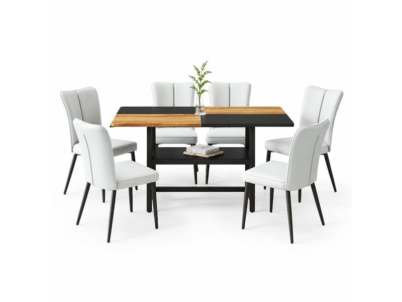  Ensemble table à manger rectangulaire 6 places avec rangement, chaises gris clair et métal noir, 160 cm  - Conforama A