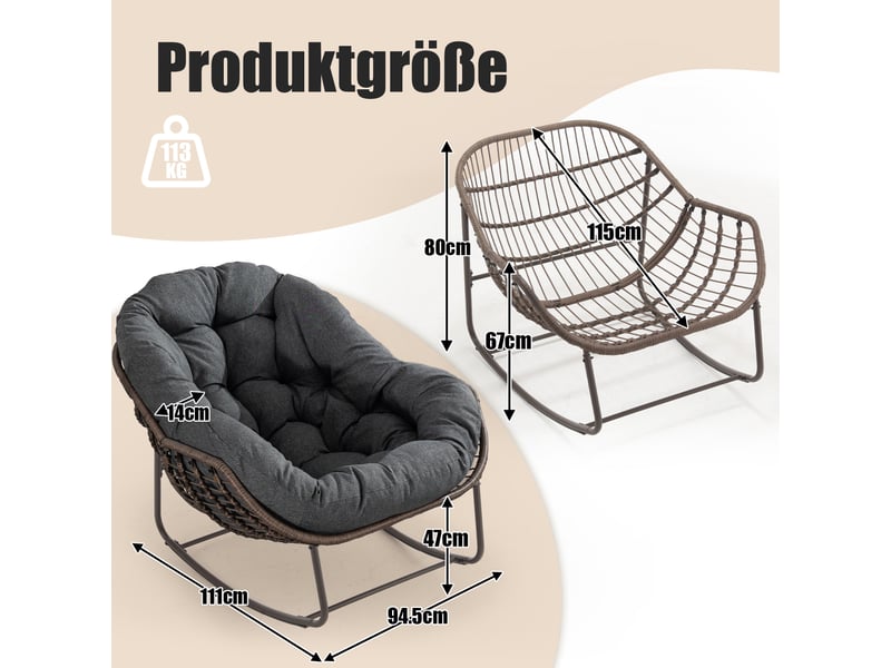  Cocon - lot de 2 fauteuils à bascule en rotin naturel – forme œuf et coussins gris anthracite – confortable pour salon, véranda ou chambre  - Conforama C