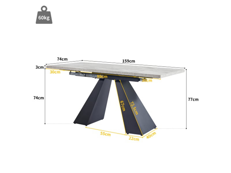 Ensemble salle à manger 5 places - table extensible 160×80×75 cm, 4 chaises gris velours, table grise à pieds colonne - Conforama C
