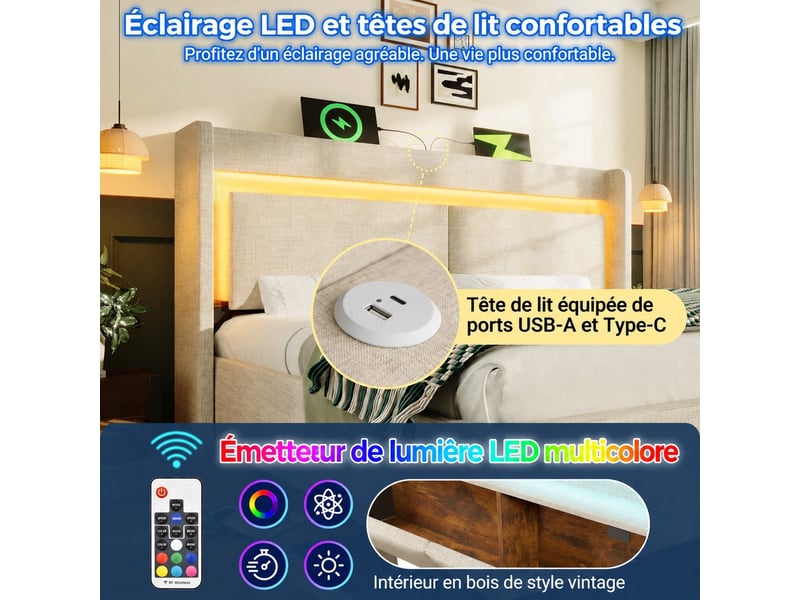  Lit coffre hydraulique 140 x 200 cm, beige en lin, tête de lit led et usb  - Conforama D