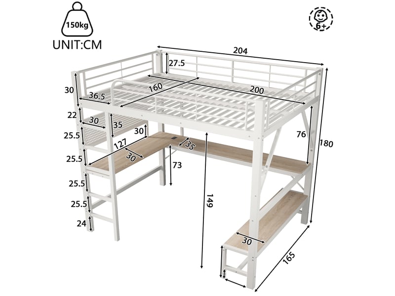  Lit adulte 160x200 cm – blanc – bureau intégré, led, prises usb et type-c, rangements – sans matelas  - Conforama C