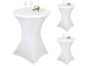 Ensemble de nappes cocktail élastiques à coins carrés, 80 x 110 cm, blanches, adaptées aux tables hautes ; nappe cocktail ronde, adaptée aux tables de b