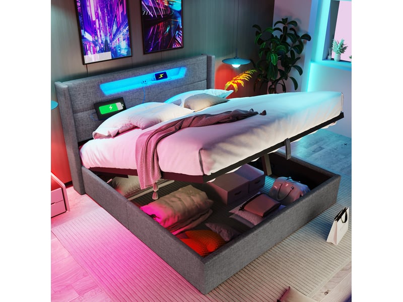  Modenvie lit coffre 140x200 cm - avec led et ports usb-c, matelas et sommier inclus - gris  - Conforama E