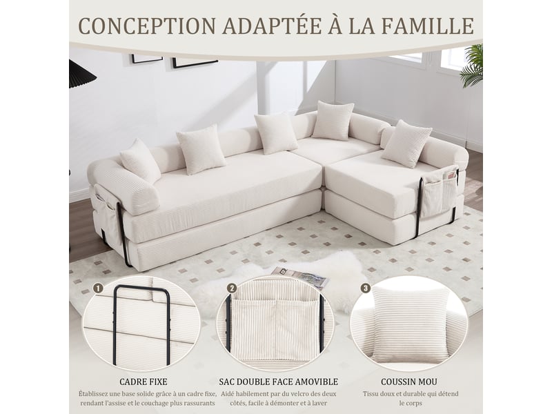  Canapé modulable beige en velours côtelé 270x180x64 cm, compressé, rangement latéral, convertible salon séjour bureau W2845S00497 - Conforama D