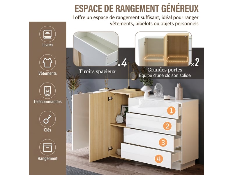 Buffet blanc laqué brillant avec 4 tiroirs et 2 portes, meuble de rangement moderne, longueur 140 cm  - Conforama W