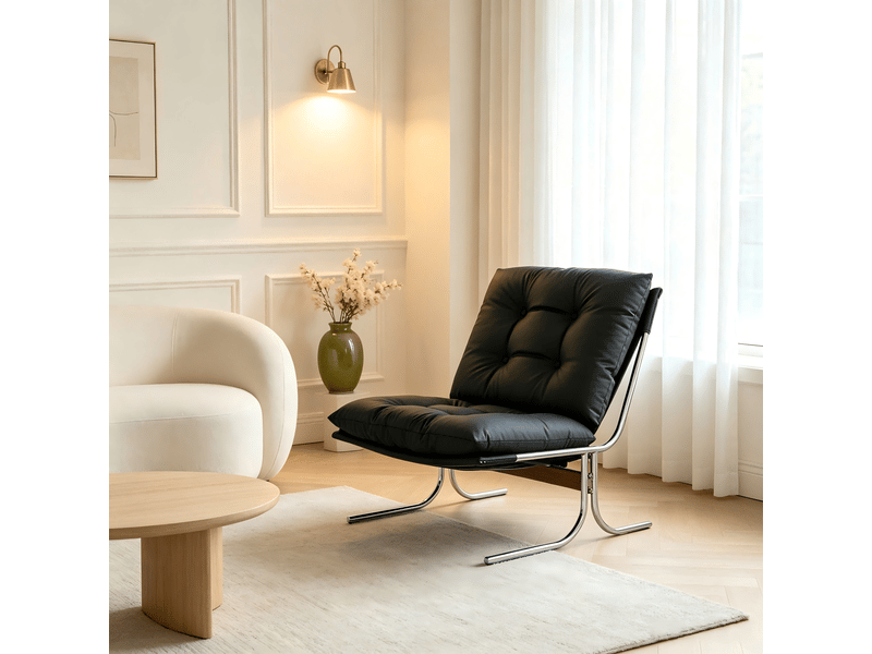  Fauteuil design en similicuir amovible 72x84x85 cm noir chrome style barcelona pour salon chambre balcon avec pieds métalliques et visserie evarich - Conforama E
