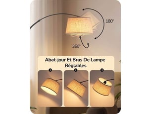 Lampadaire arc noir beige hauteur reglagee 143 176 cm tete orientable 180 350 telecommande et pedale variateur 0 100
