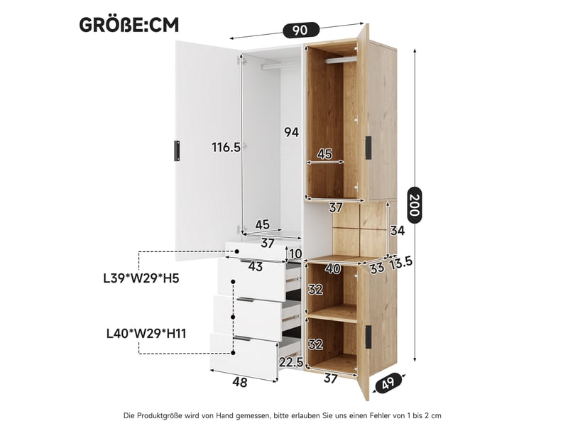  Armoire 90x49x200 cm avec éclairage led et tiroir à bijoux, mdf, blanc et bois, dressing et accessoires, chambre déco  - Conforama C