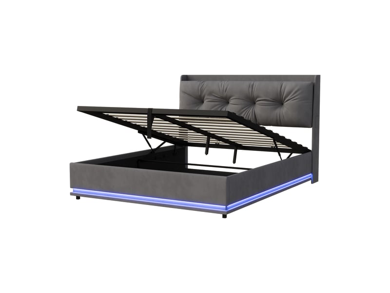  Lit coffre 140x190 cm, lit double avec led rgb, chargement usb, avec levier hydraulique, sommier à lattes, en velours, gris  - Conforama A