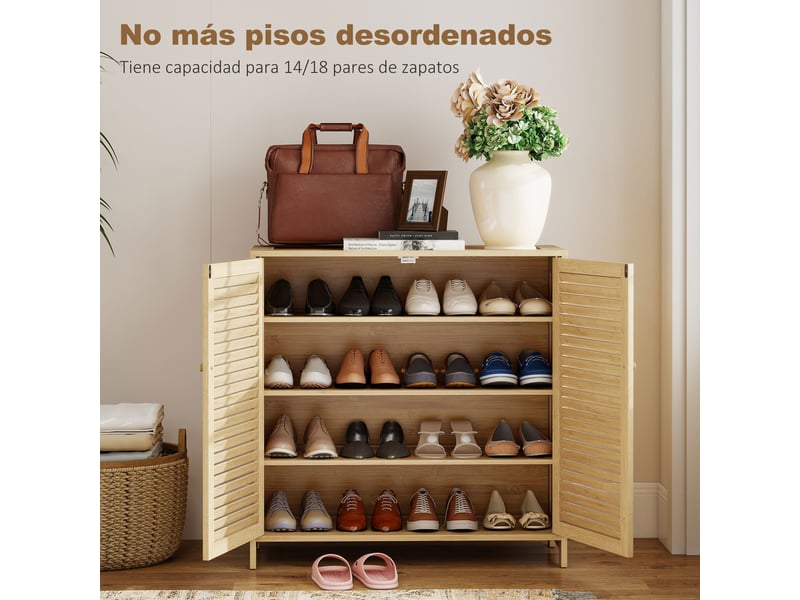  Meuble à chaussures en bambou avec portes persiennes, capacité de 14 paires, étagères réglables, naturel  - Conforama E