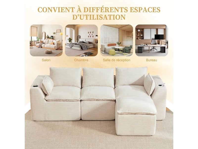  Canapé modulable 3 places en velours côtelé beige avec pouf - 256x161x75cm - porte-gobelet et poches  - Conforama R