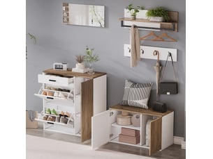 Ensemble meuble d'entrée 5 pièces 85x36x85 cm, meuble à chaussures et banc à chaussures, miroir, mdf, blanc et chêne