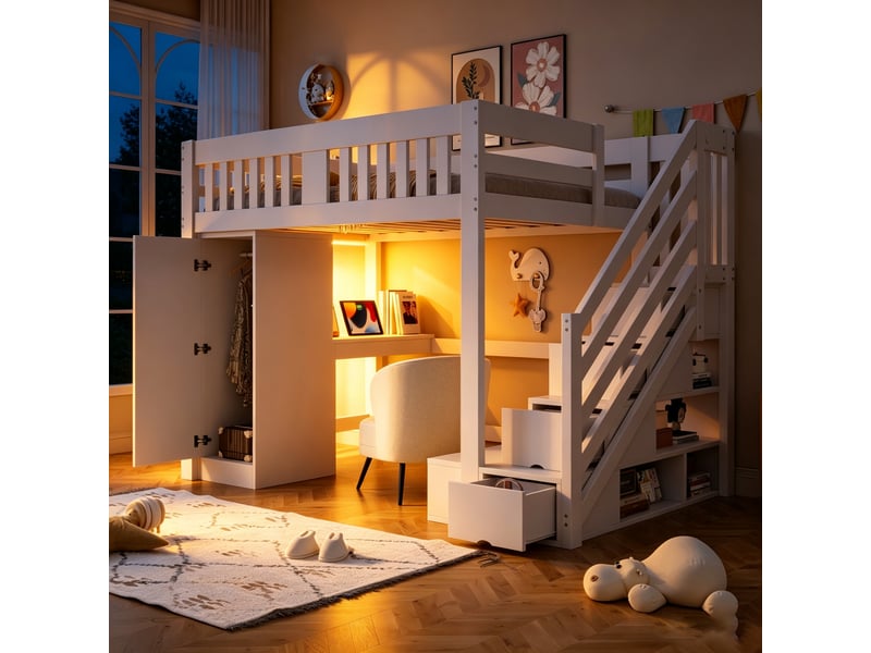  Lit mezzanine 140x200 cm, lit enfant, bureau, armoire, escalier avec rangement, barrière antichute, prise intégrée, bois blanc  - Conforama E