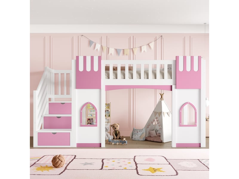  Lit mezzanine lit mezzanine 90x200 cm avec échelle et rangement - 2 fenêtres en mdf + kiefer - sans matelas, blanc et rose  - Conforama E