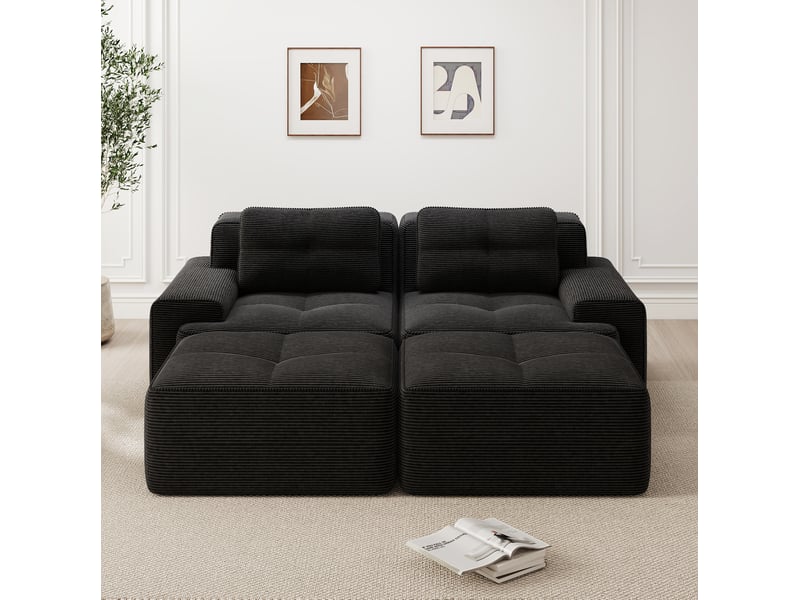Canapé modulable 2 places en velours côtelé noir avec ottoman - Conforama B