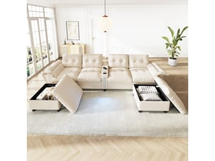 Canapé d'angle panoramique fixe Fay Lum 6 places Tissu beige avec coffre de rangement