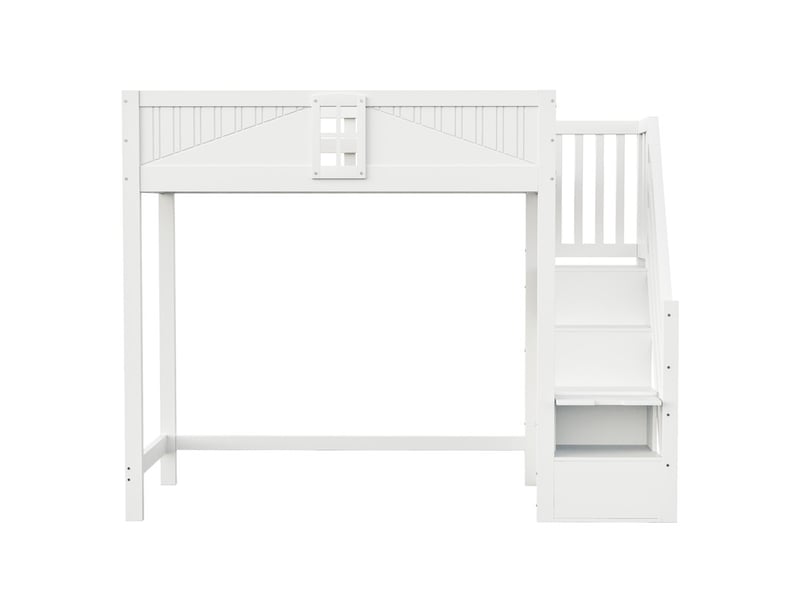  Lit mezzanine en bois massif, 90 x 200 cm, échelle de sécurité latérale avec rangements, blanc  - Conforama E