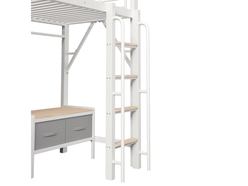  Lit mezzanine 90x200 cm blanc, cadre en métal, bureau, étagères, tiroirs en tissu, led, port usb, garde-corps  - Conforama D