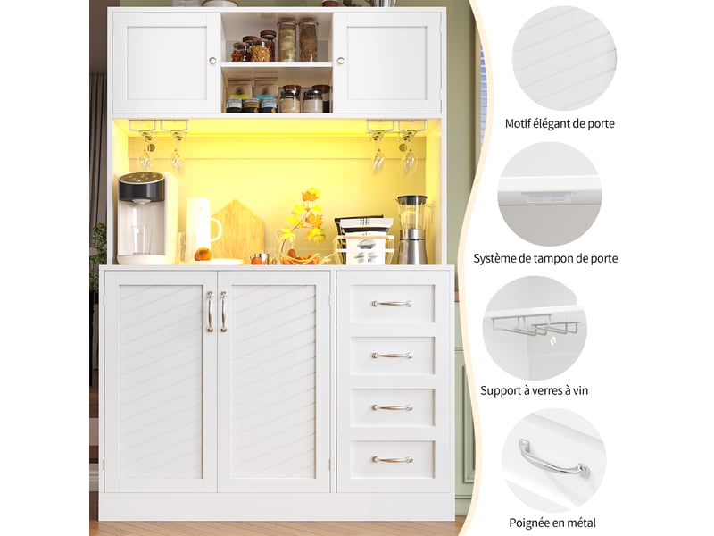  Buffet haut de cuisine 120 x 40 x 188 cm, meuble de rangement avec led, 4 portes, 4 tiroirs, étagère snacks et porte-boissons  - Conforama E