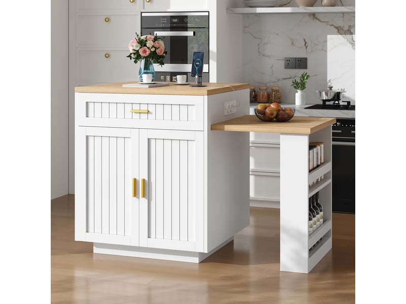 Îlot de cuisine extensible avec prise électrique intégrée, longueur réglable 121,5-192 cm, portes nervurées verticales, blanc - Conforama W