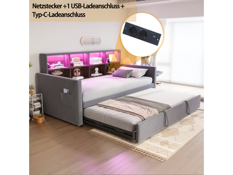 Lit canapé velours gris foncé 90x190 cm avec lit gigogne, rangements, led et usb - Conforama D