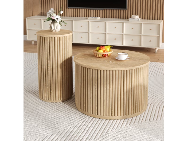  Lot de 2 tables basses rondes en mdf, coloris naturel  - Conforama D