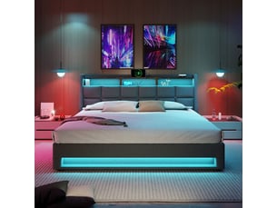 Lit double 140 x 200 cm éclairage led cadre métal revêtement en lin port usb matelas inclus