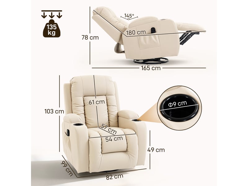  Fauteuil de relaxation massant et chauffant pivotant crème 82x99x103 cm  - Conforama C