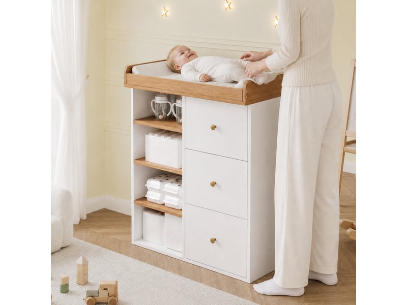  Table à langer 2 en 1 82x50x100 cm commode avec tiroirs et rangements bois et blanc  - Conforama B