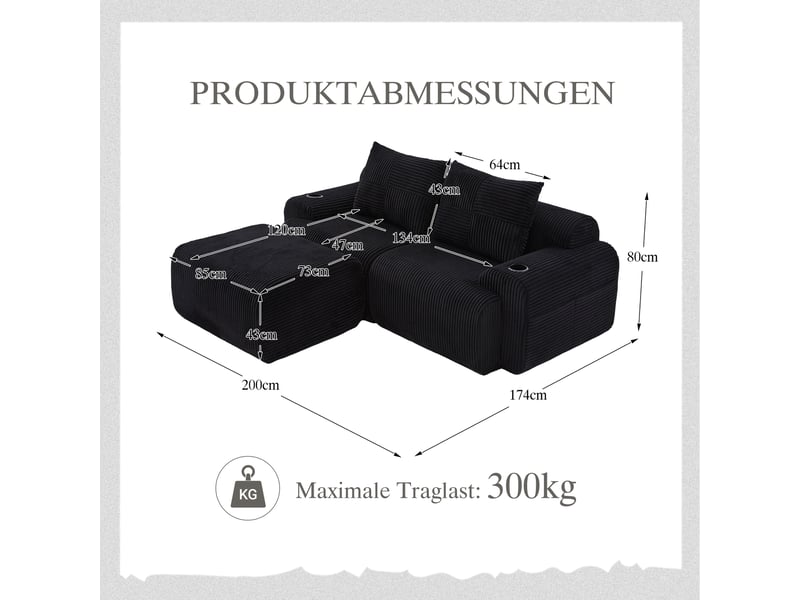  Canapé d'angle réversible fixe 2 places tissu noir  - Conforama C