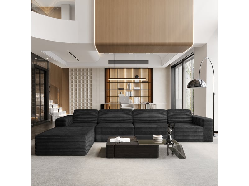 Canapé d'angle 4 places modulaire en velours côtelé avec 1 pouf,canapé compressé,sans assemblage,404x202x82cm,noir 404x202x82CM - Conforama B