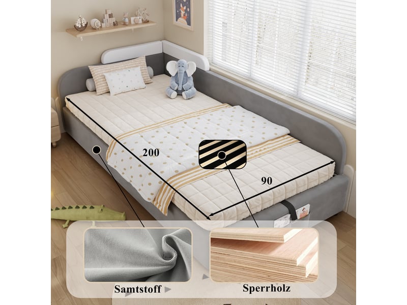  Lit enfant rembourré 90x200 cm en velours gris avec coffre hydraulique, barrière de sécurité et rangement au pied du lit.  - Conforama E