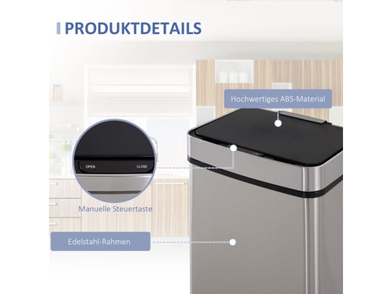  Poubelle automatique 47+2x12,5 l en inox, capteur de mouvement, tri sélectif, argentée  - Conforama D