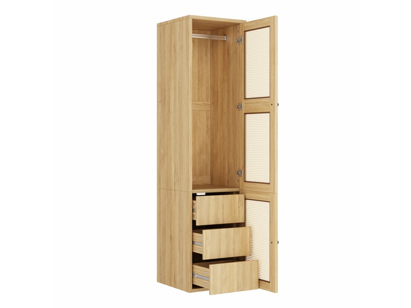  Armoire 1 porte étroite 45 cm avec penderie et 3 tiroirs - design en rotin mdf chêne  - Conforama R