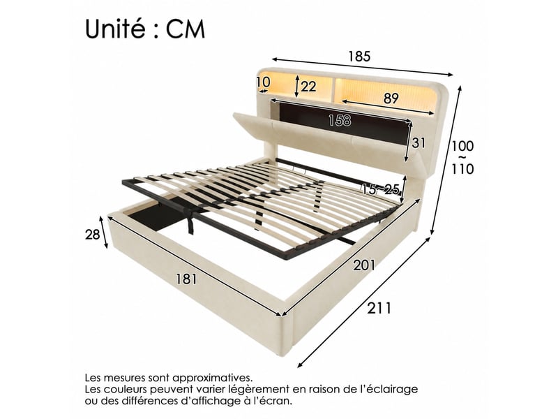  Lit coffre 180x200 en velours beige, sommier inclus, led et ports usbusb-c  - Conforama C