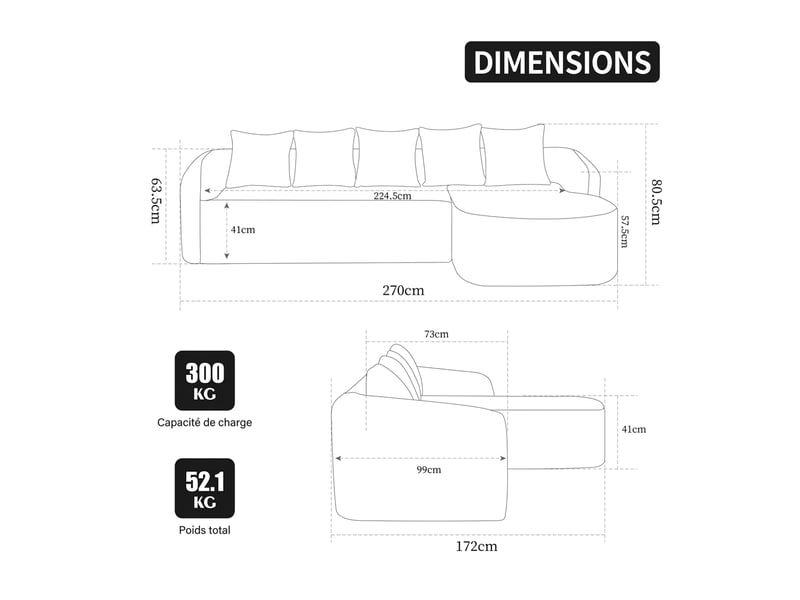  Canapé modulaire en chenille avec méridienne 3 places - sans montage et base antidérapante  - Conforama C