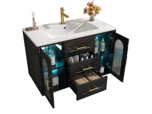 Meuble vasque mural 76x46x55 cm, meuble salle de bain avec led, porte en verre cannelé, tiroirs et étagères réglables, mdf, noir